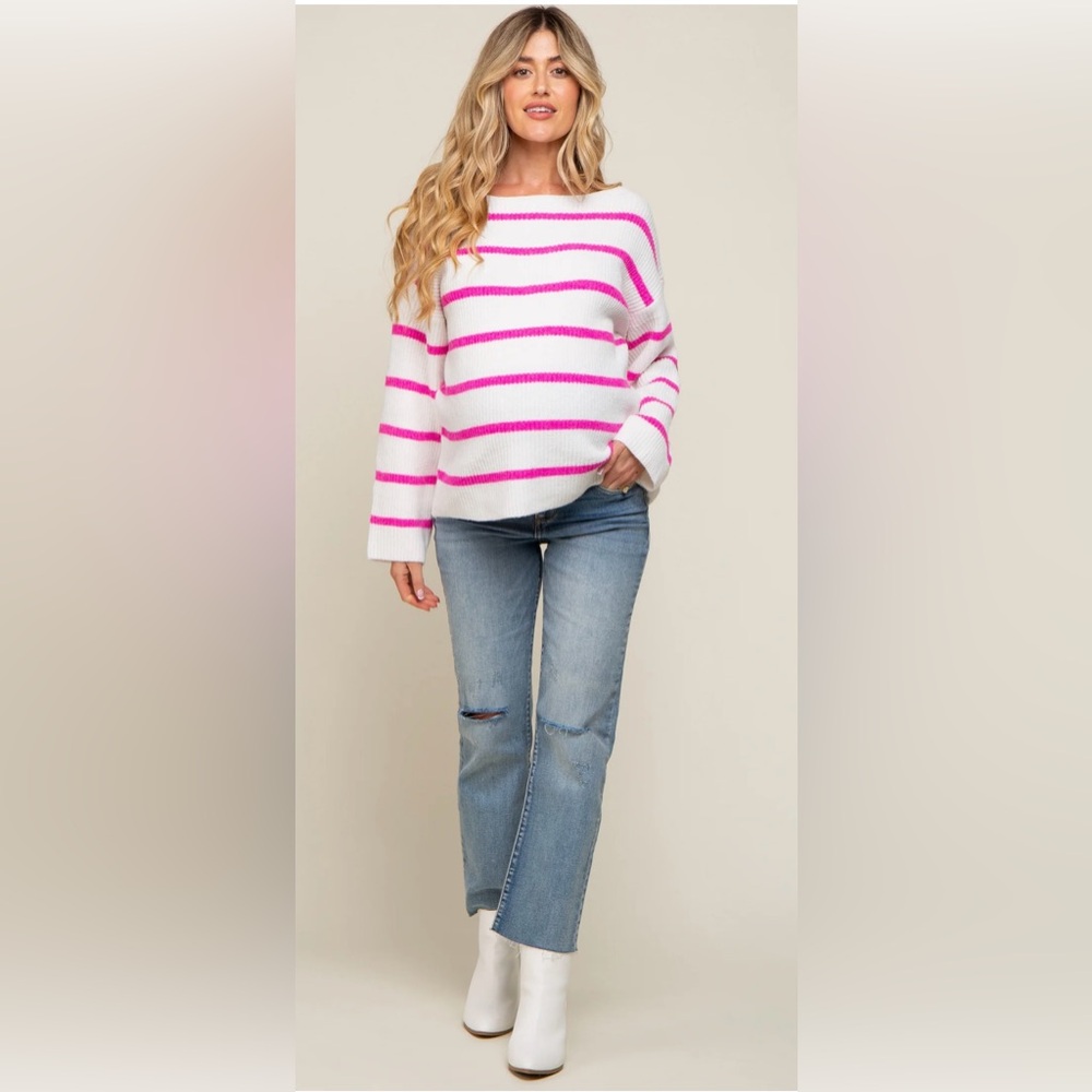 Pink Striped Boat Neck Maternity Sweater